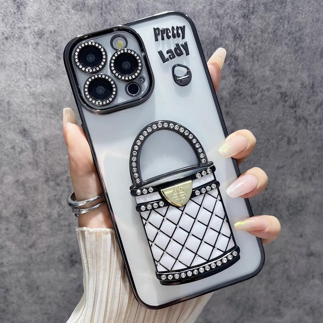 

Подходит для iPhone 16 Сумочка с маленьким ароматом Зеркало для макияжа Подставка Чехол для мобильного телефона Apple 15 ProMax Стразы Мягкий чехол 14 iPhone12proMax чёрный