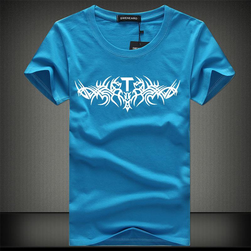 

QICED Летняя футболка с короткими рукавами, мужская футболка с круглым вырезом и трендовым низом XXXXXL озеро синий