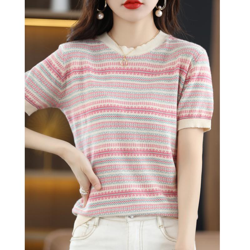 Tricou de vară cu gât rotund, cu dungi, cu mânecă scurtă, fit confortabil actualizat, la modă, versatil și subțire, top cu mânecă scurtă