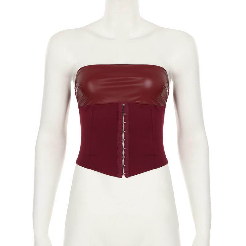 Retro Cross-Border Lace-Up Strapless Waist-Shaping Top and Hollow-Out Leather Skirt Set for Women