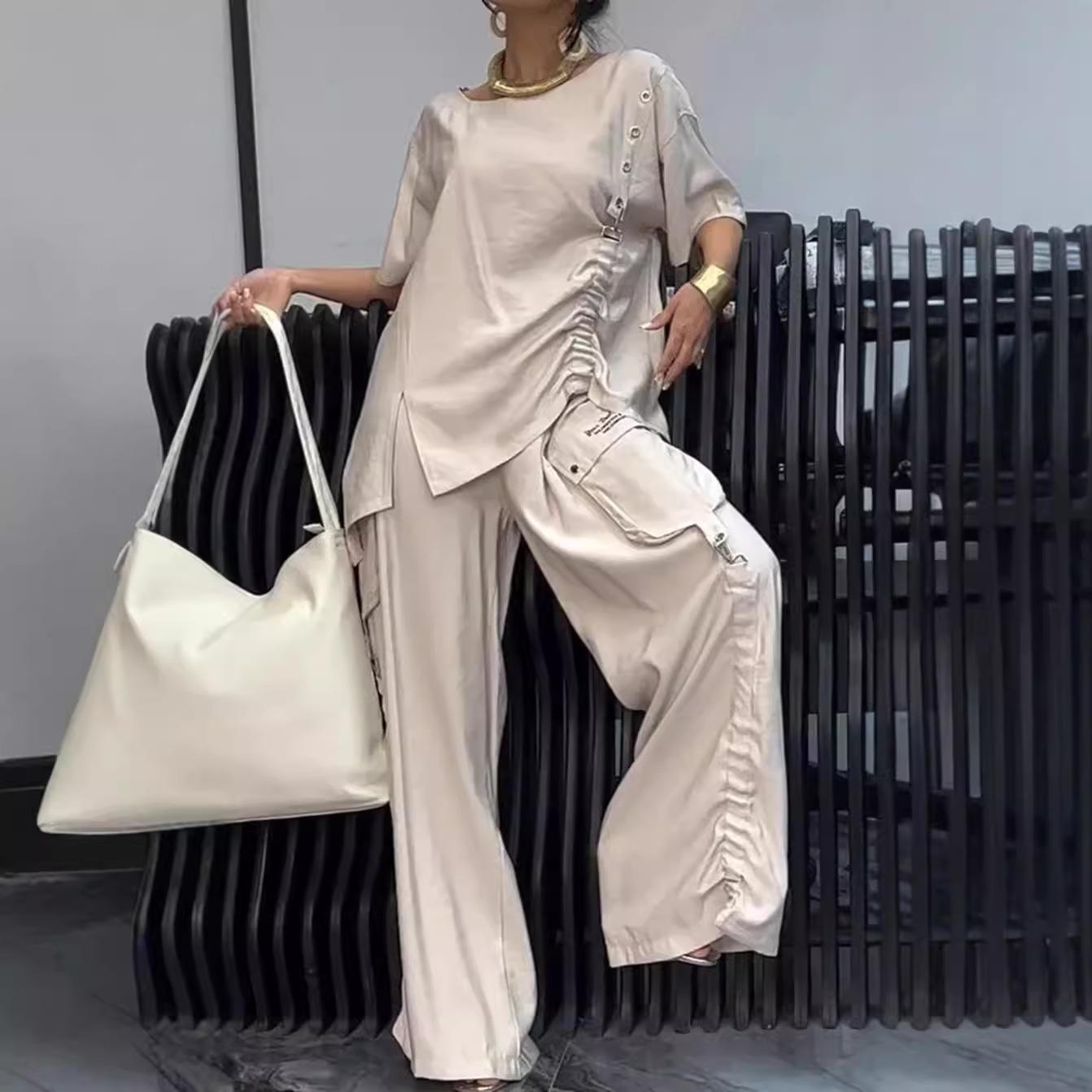 

Women s Casual Loose Short Sleeve Top with Pleated Detail and Wide Leg Pants Set In Light Beige S абрикосовый