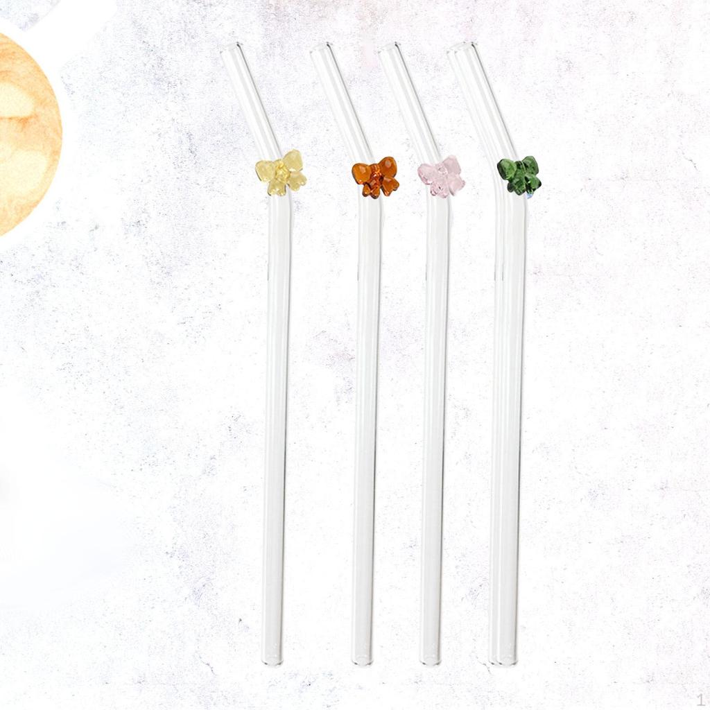 4 Pieces Bent Glass Straws Drinking with Cleaning Brush Clear for