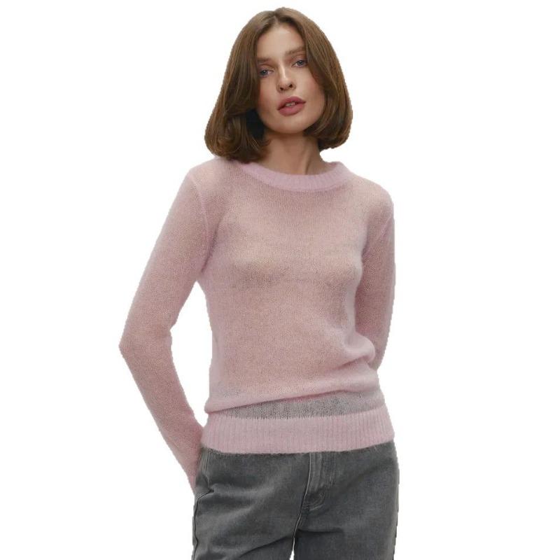 Spring and autumn translucent blue ladies exquisite sweater, loose casual breathable comfortable white round neck pullover sweater MY0182
