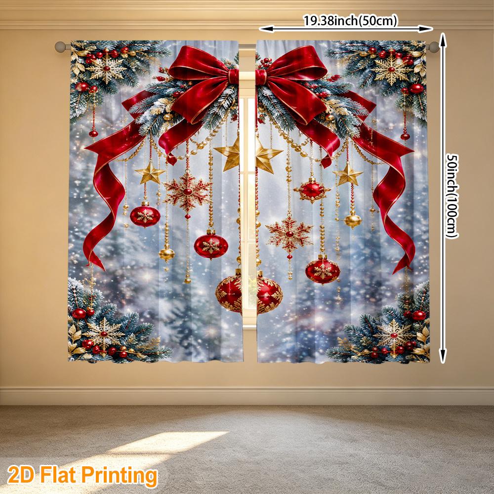 2pcs Rod Pocket Curtains with Red Golden Christmas Ornaments Print, Stylish Window Drapes for Home Decor Living Room Bedroom