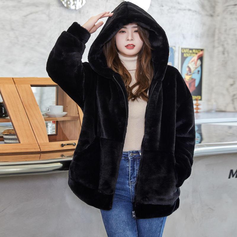 Winter new men's and women's couples fur coat women's imitation Rex rabbit hair hooded loose medium and long plush coat