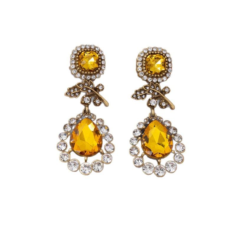 Medieval Western and Medieval Jewelry Old Gold Water Drop Shaped Gem Earrings Diamond Light Luxury Temperament Earrings