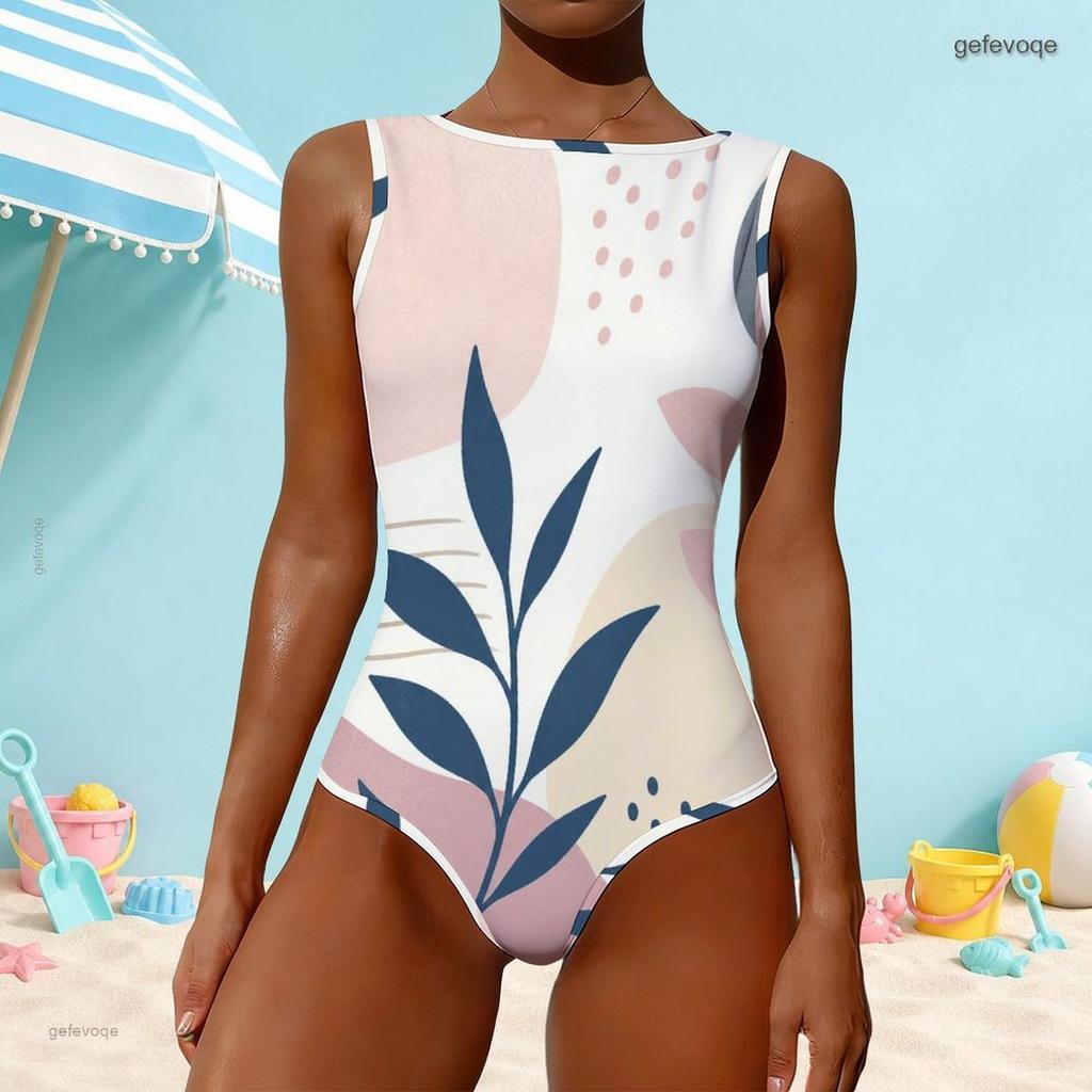 Women Plus Size High Round Neck Sleeveless Navy Blue Geometric Printed One Piece Swimsuit