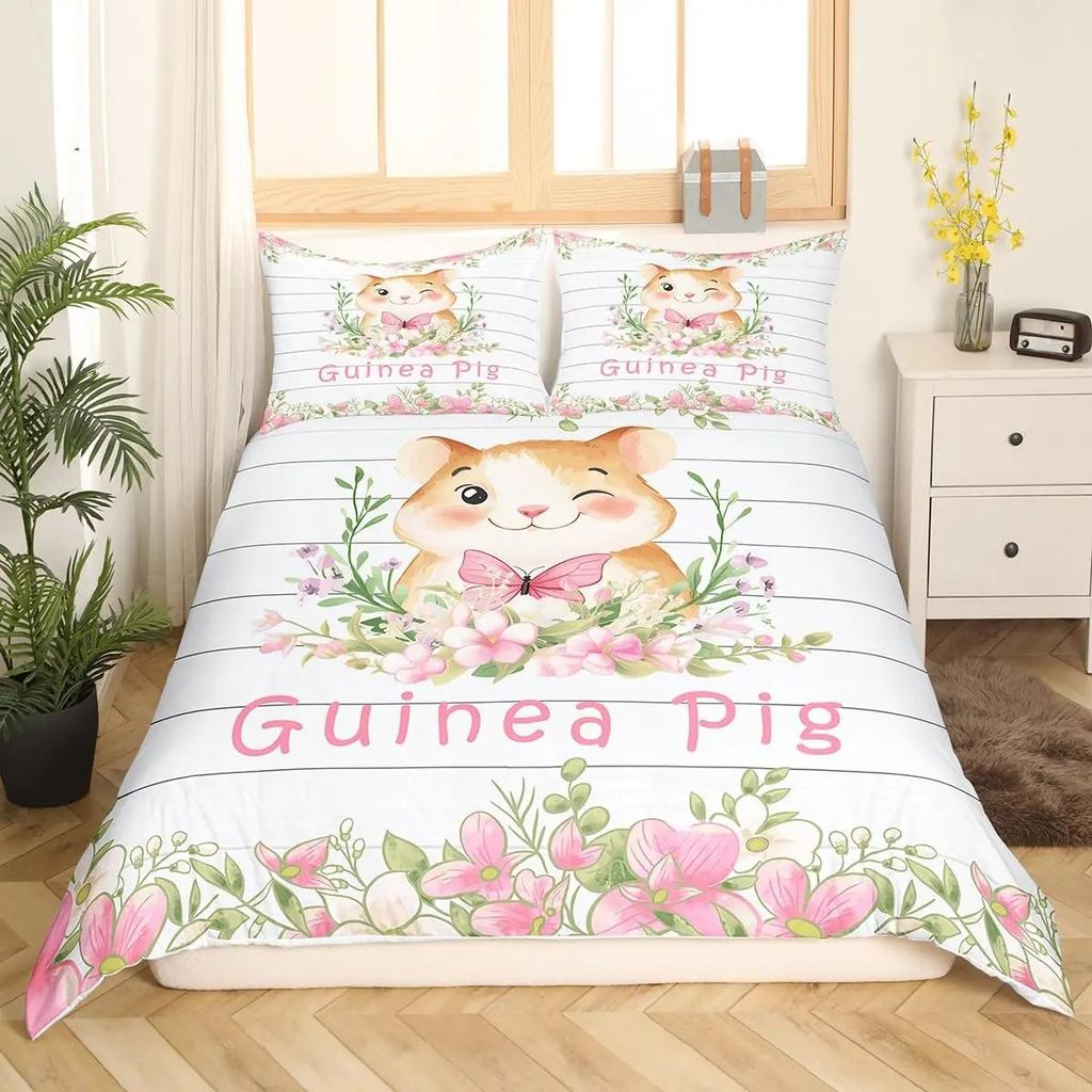 Set Copripiumino Carino Porcellino d'India Cartone Animato Animale Poliestere Biancheria da Letto per Bambini e Bambine Rosso Fragola Frutta Copripiumino Matrimoniale King