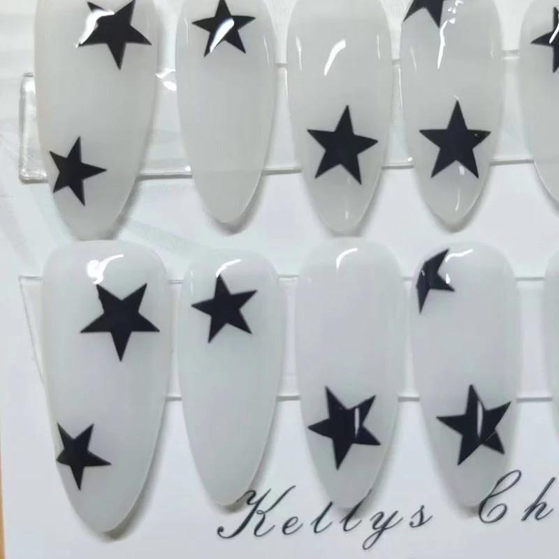 100% HANDMADE Almond Shape Artificial Nail Art White Background Black Pentagram Minimalist Nails Reusable and Removable Fake Nails