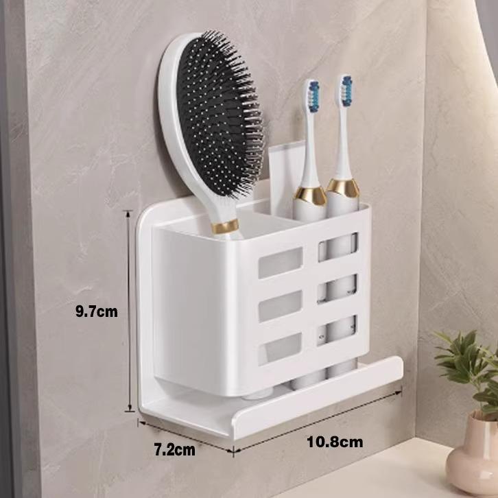 Wall-Mounted No-Punch Toothbrush & Toothpaste Holder with Comb Storage