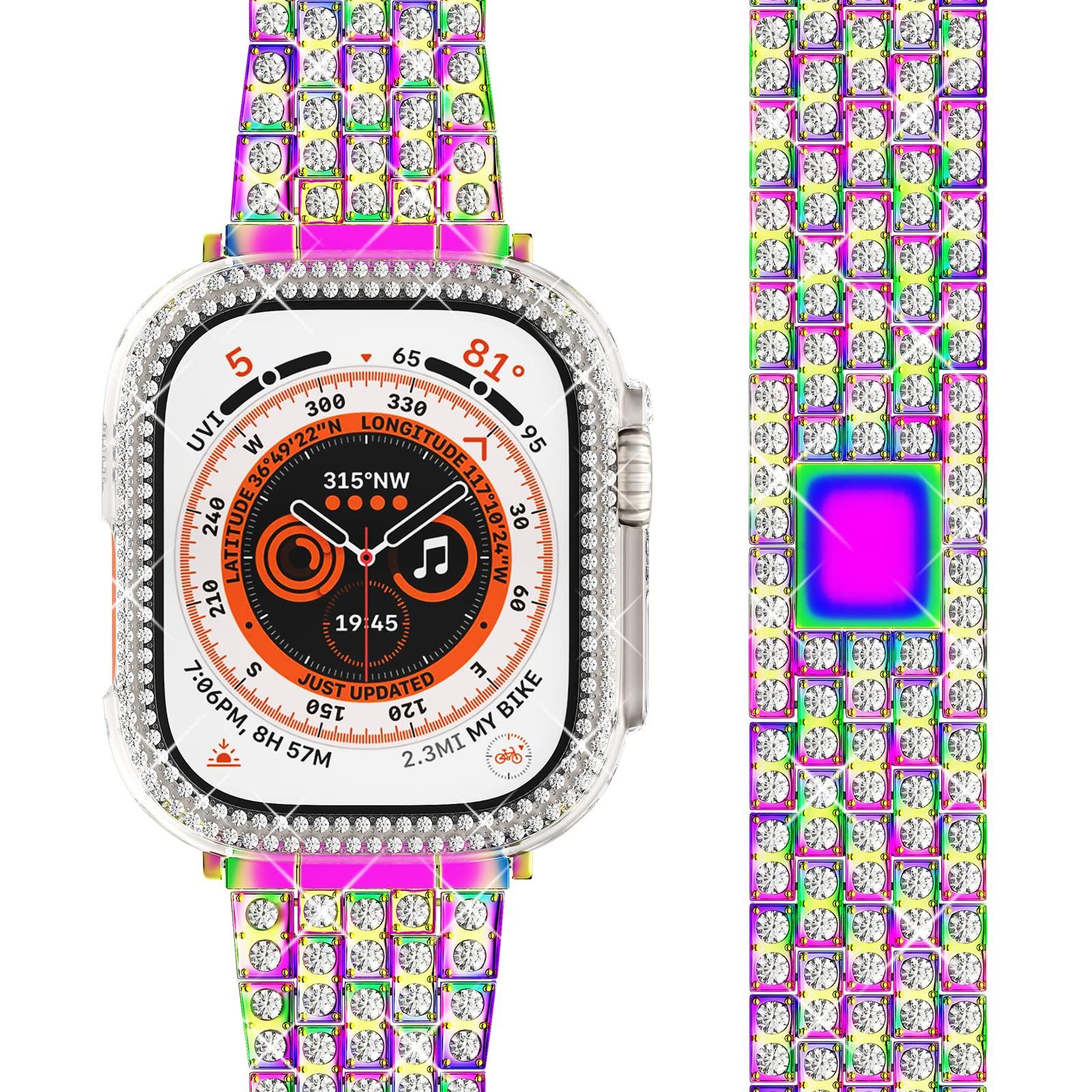 

Для Apple Watch Ultra Bands 49 мм женский блестящий ремешок из нержавеющей стали 45 мм 44 мм с защитным чехлом с бриллиантами для iWatch 42 мм 41 мм 40 мм серии 9 8 Ultra For Ultra2 49mm разноцветный