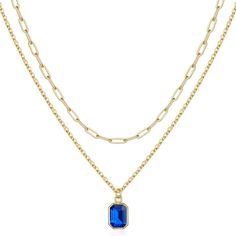 Elegant Double Layer Necklace Featuring December Birthstones And 18k Gold Plating Rectangular Design Neckchain For Women