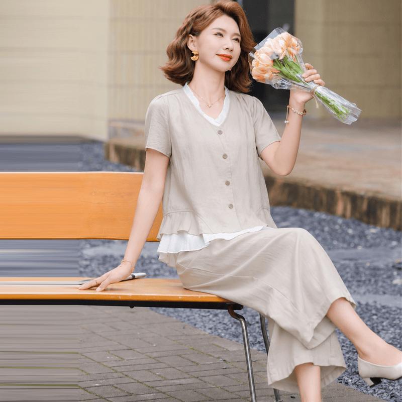 Elegant Middle-Aged Women s Summer Short-Sleeve Suit 5XL