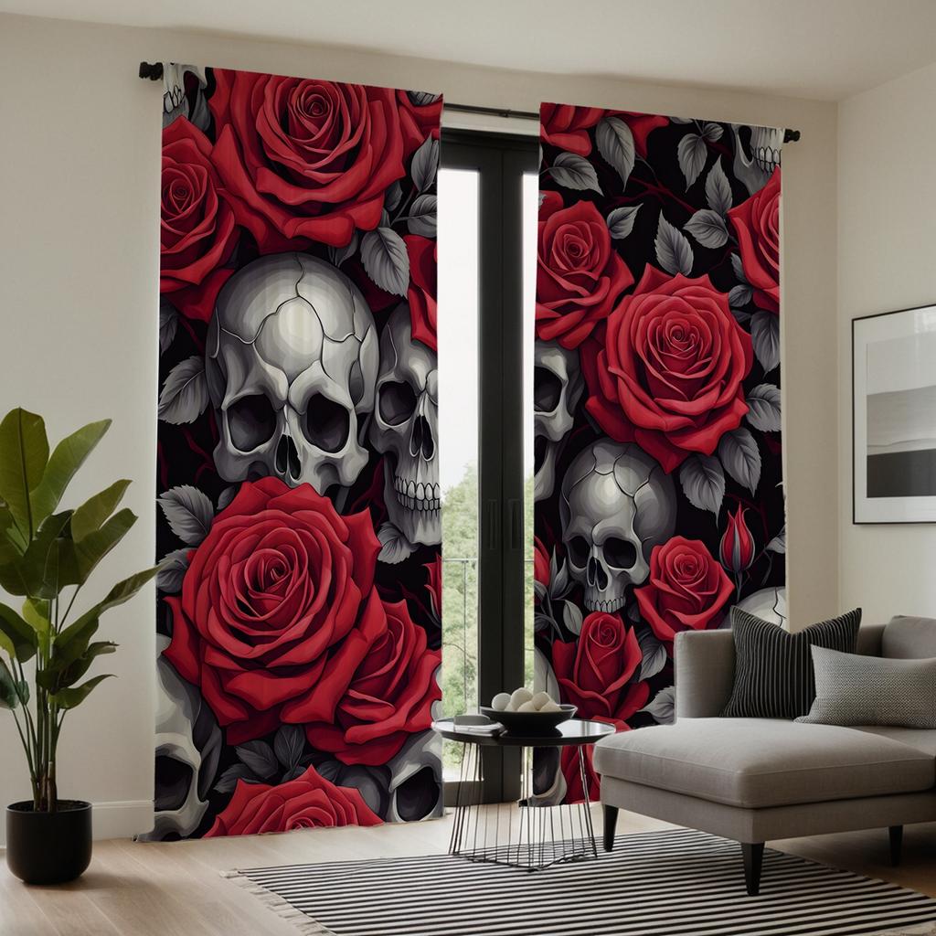 2pcs HD Skull Rose curtain Red tie digital printed curtain Home Decoration style Decorate living room bedroom Wear rod curtai
