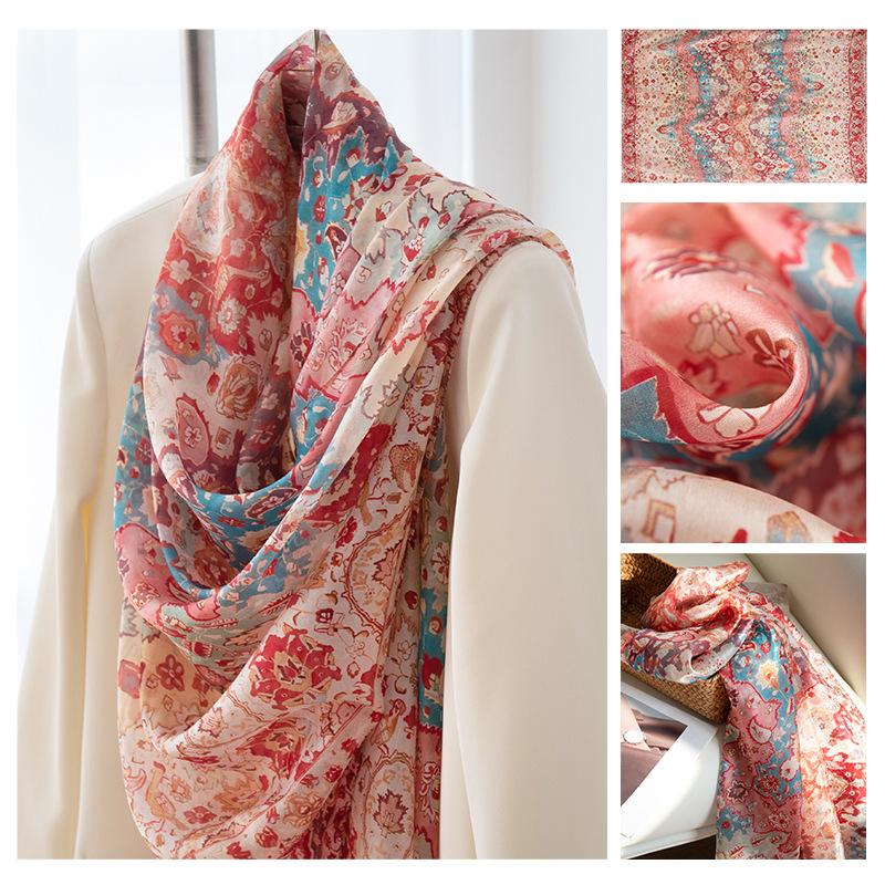 Long Strips of Silk Scarf  High-end Sense Mulberry Silk Scarf  Women's Fresh Small Floral Thin Style  Atmosphere  Big Shawl