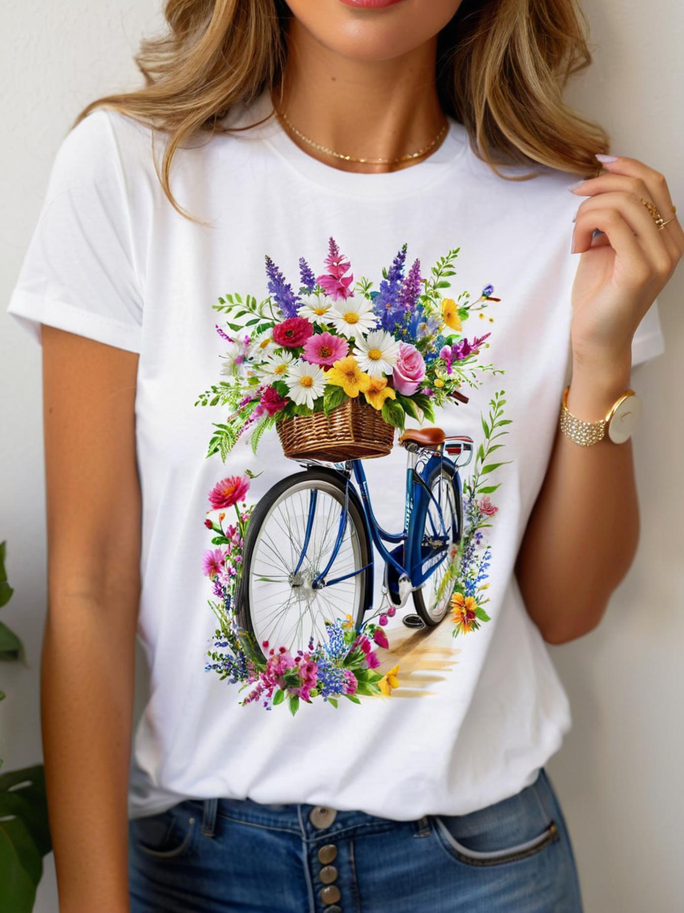 

Women S Casual Top with 3D Floral And Bicycle Design - White Short Sleeve Round Neck T-Shirt Featuring a Multicolor Floral And Vintage Bicycle Print 5XL різнокольоровий
