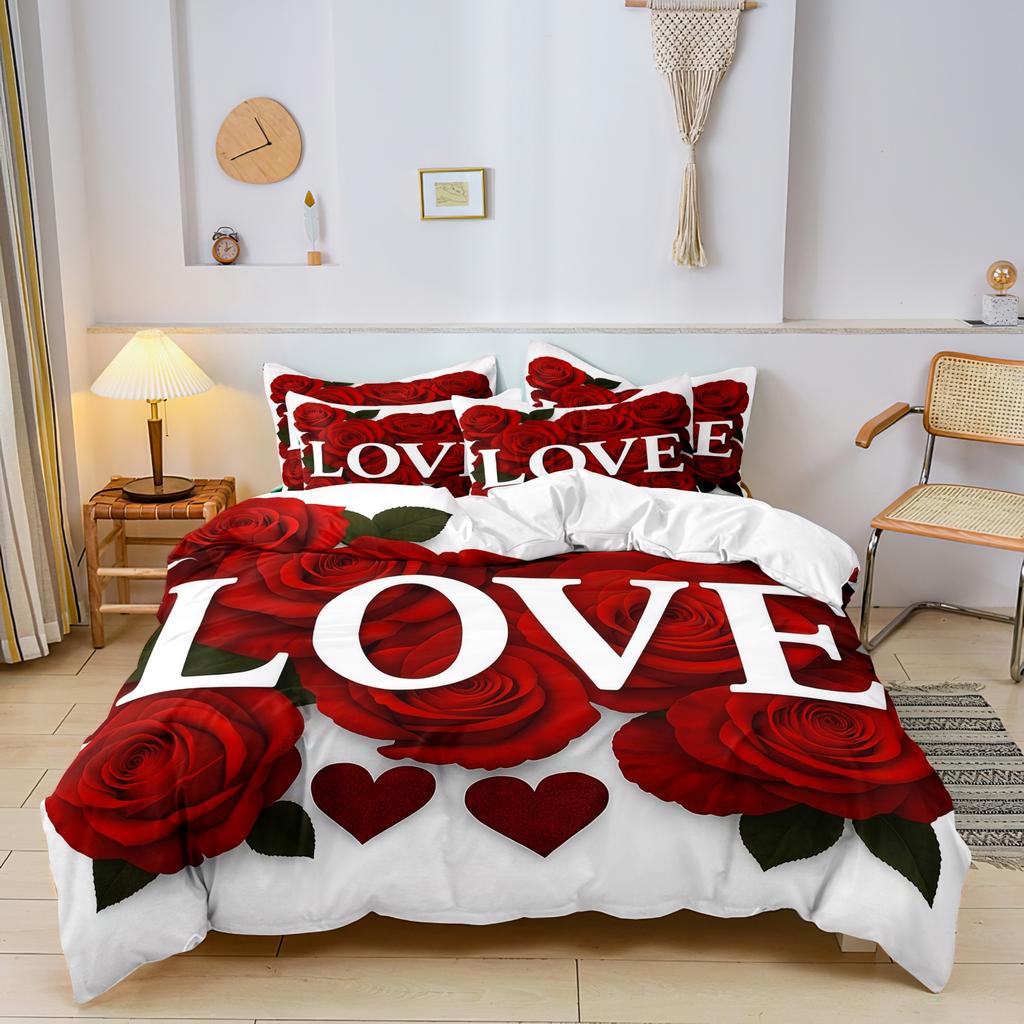 3pcs Valentine'S Day Romantic Rose Love Letter Pattern Duvet Cover Set Bedding Set Soft And Comfortable Duvet Cover Bedroom