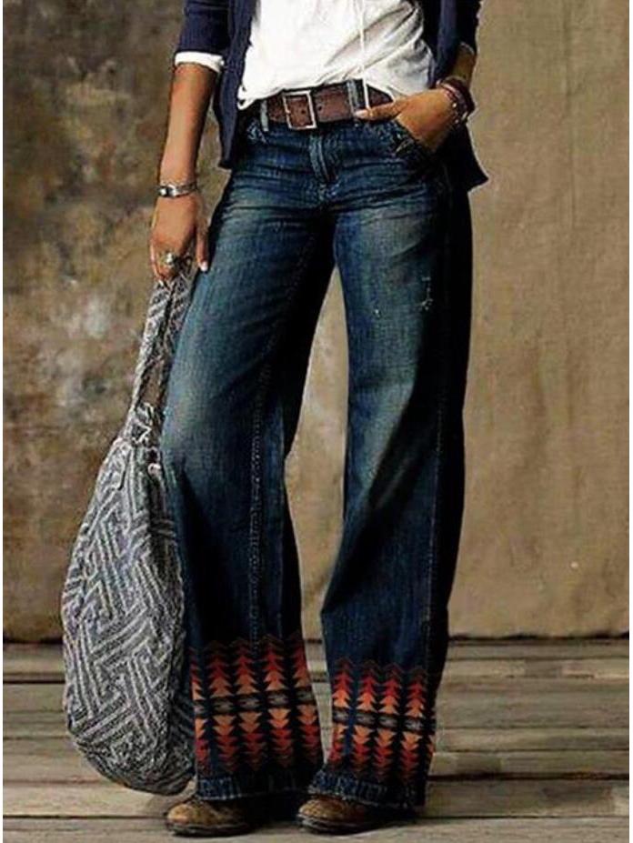 Europäische und amerikanische Übergröße Damen Casual Weitbein Imitationsjeans