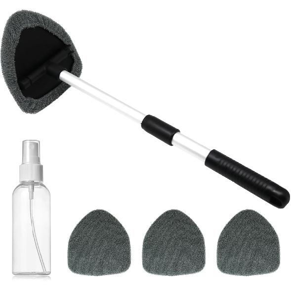 Windshield Cleaning Tool,180° Rotatable with 4 Reusable Microfiber Cloths Extendable Handle Auto Inside Glass Wiper Kit