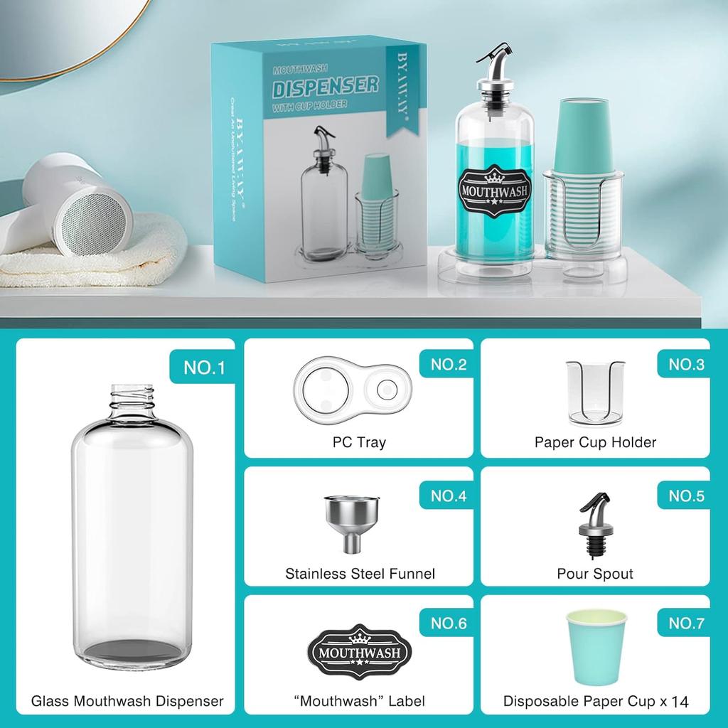 Mouthwash Dispenser for Bathroom with Cup Holder Detachable Glass Mouthwash Container 16 Oz,Refillable Mouth Washer Dispenser for Countertop