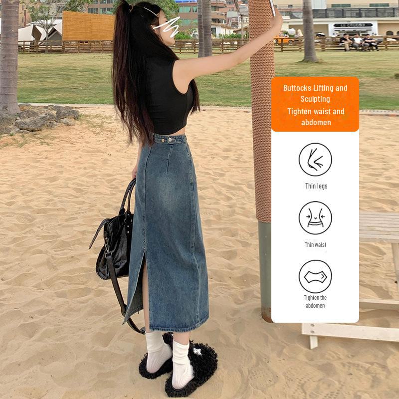2024 Women's High-Waisted A-Line Denim Skirt with Split: Retro Long Skirt for Spring and Autumn