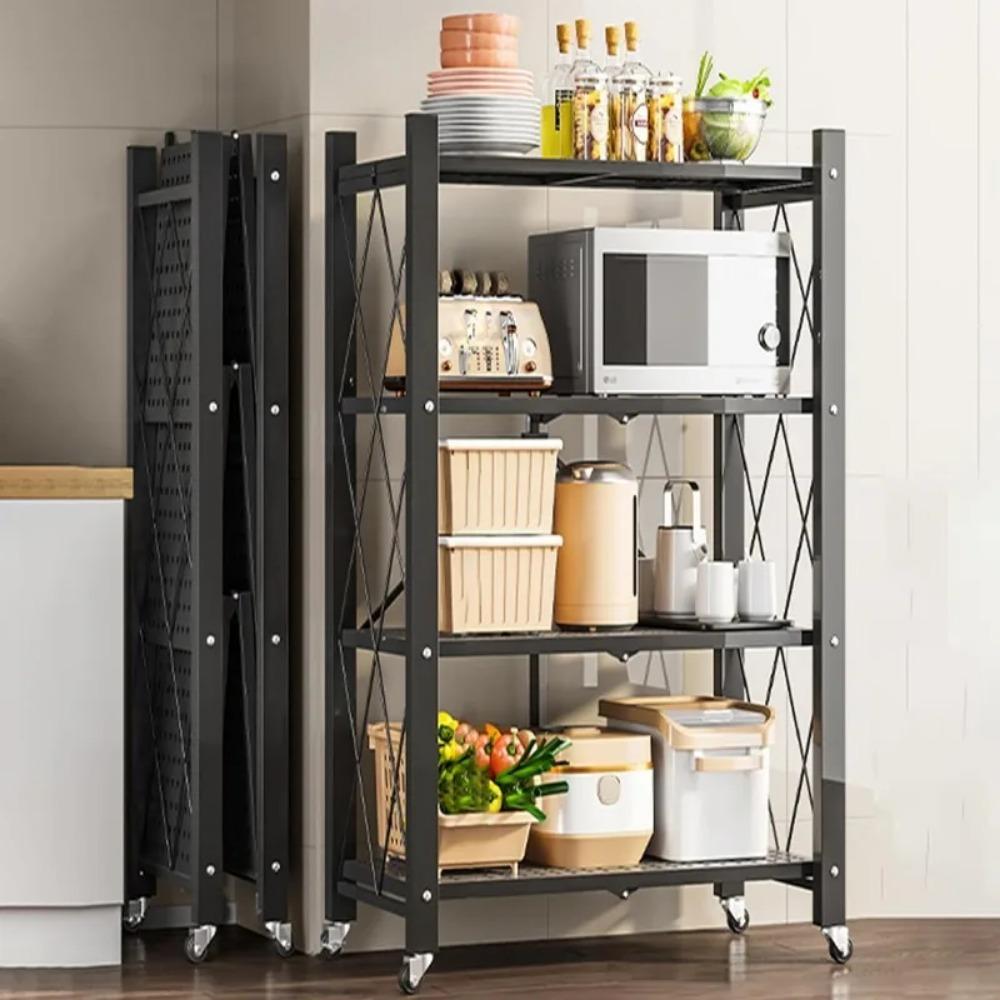 Foldable Metal Storage Rack Multifunctional Living Room Shelf Multilayer Installation Free Kitchen Organizer Trolley Bookshelf