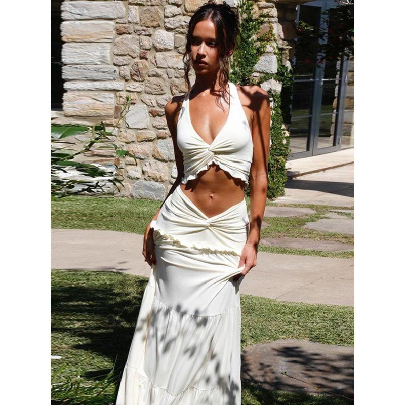 Fashion Style Sexy Sexy Fashion Suit Women's V Neck Halter Spaghetti Straps Vest High Waist Stitching Long Skirt Two-piece Set