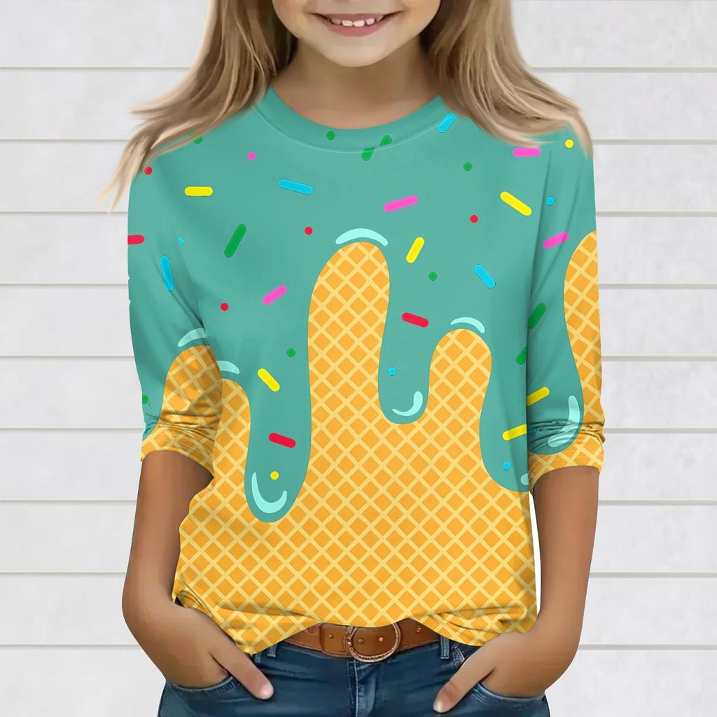 Druckoberteile für junge Mädchen 3-10 Jahre Rundhals 3/4-Ärmel T-Shirts Trendige Oberteile Outfit T-Shirts