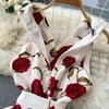 Retro Print Dress  Summer New Goddess Fan Temperament V-Neck Tie Waist Thin Mid-Length Dress