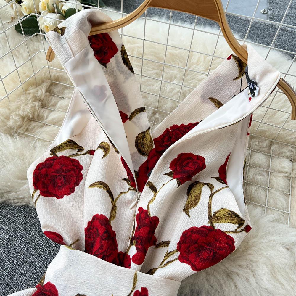 Retro Print Dress  Summer New Goddess Fan Temperament V-Neck Tie Waist Thin Mid-Length Dress
