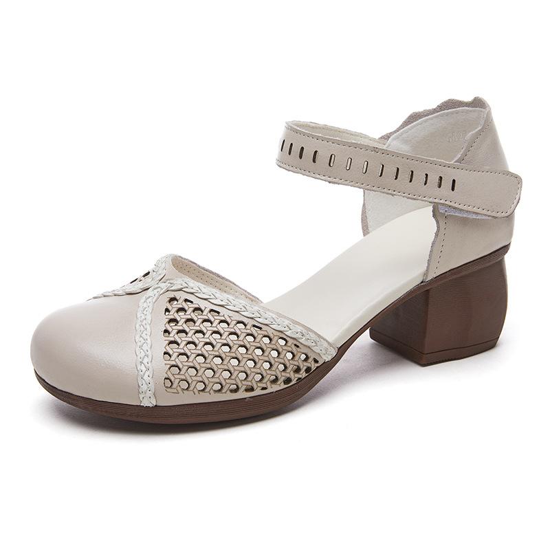 Fashion GKTINOO Genuine Leather Women Sandals Summer Shoes Thick Heels Soft Sole Women Shoes 2025 Hollow Mom Sandals