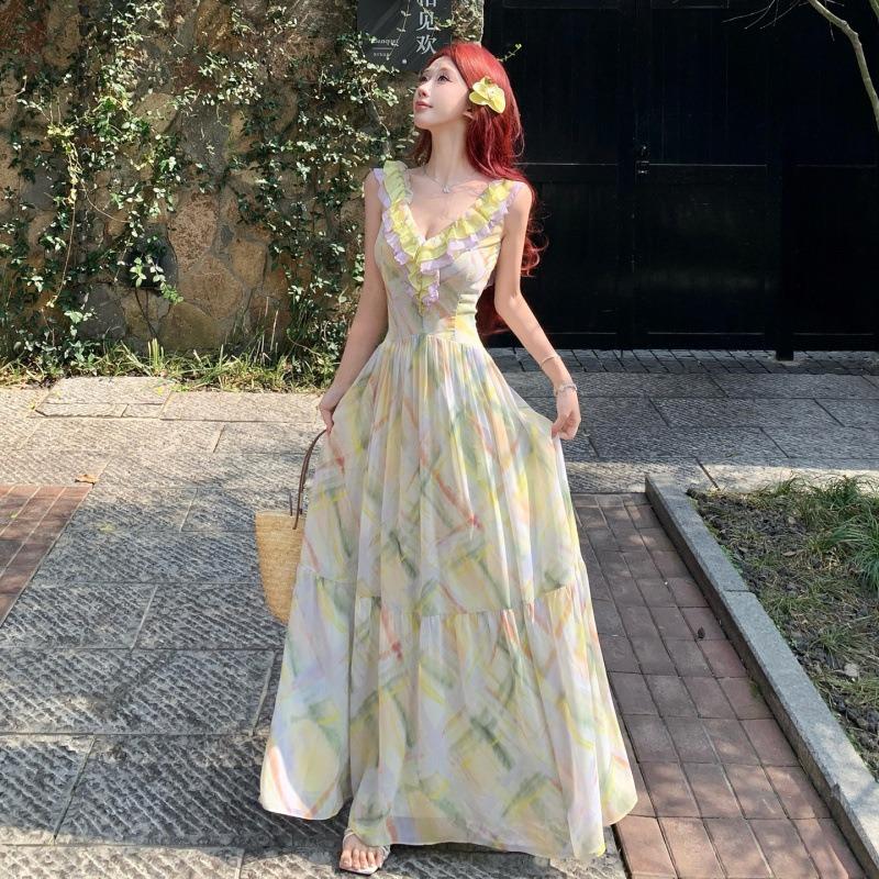 Sommerinsel Romantischer Druck Kontrastfarbe Rüschenrand Träger Großes Neckholder Taillenkleid Urlaubsfee Langes Kleid