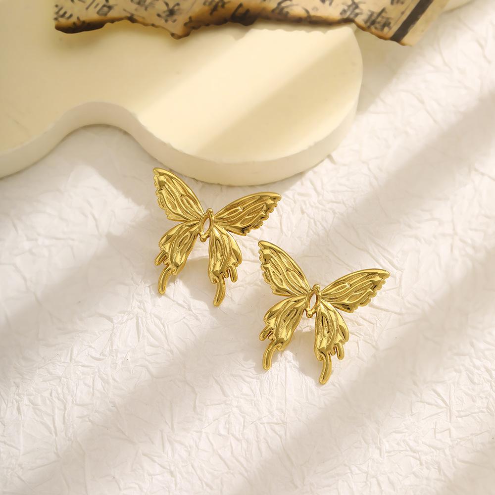 Temperament Retro Vertical Striped Stud Earrings High-Grade Stainless Steel Hollow Love Butterfly Earrings Women'S Niche Earrings