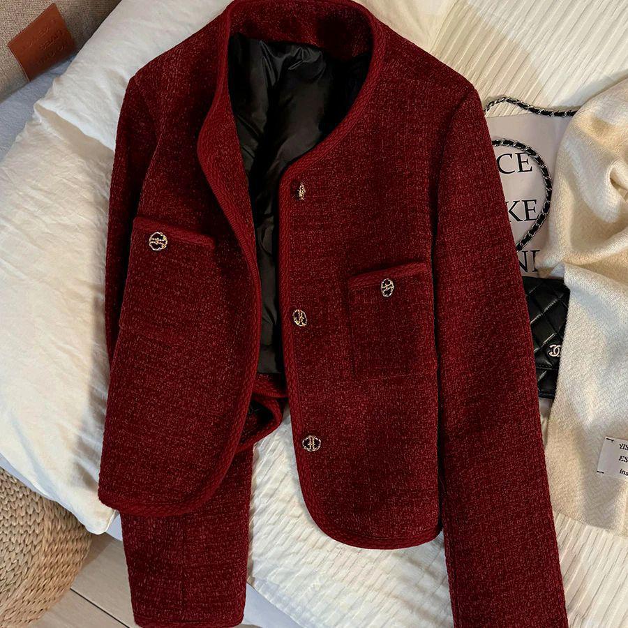 Elegant Black Tweed Round Neck Jacket - Autumn/Winter French Style