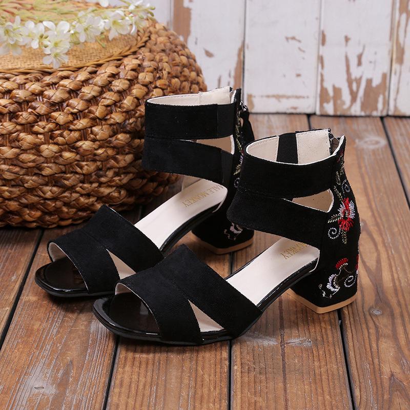 Embroidered Flower Open-toe Bag Heel Roman Shoes Women's 2024 Summer Chunky High-heeled Sandals Plus Size Fashion Sandals