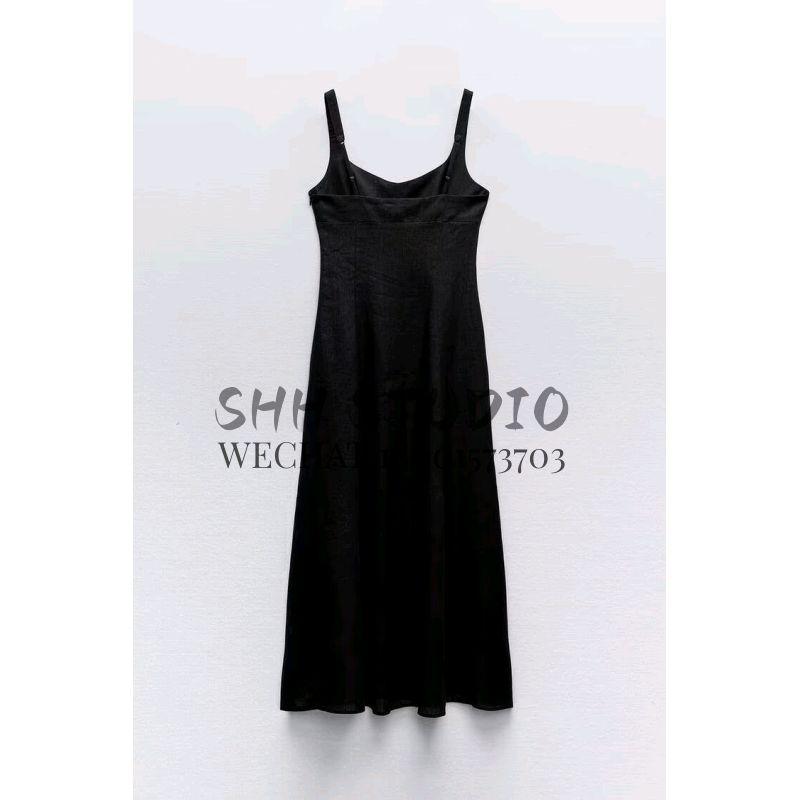 Spring New Temperament Sexy round Neck Open Back Bottom Slit Linen Blended Shoulder Strap Length Dress 3314354