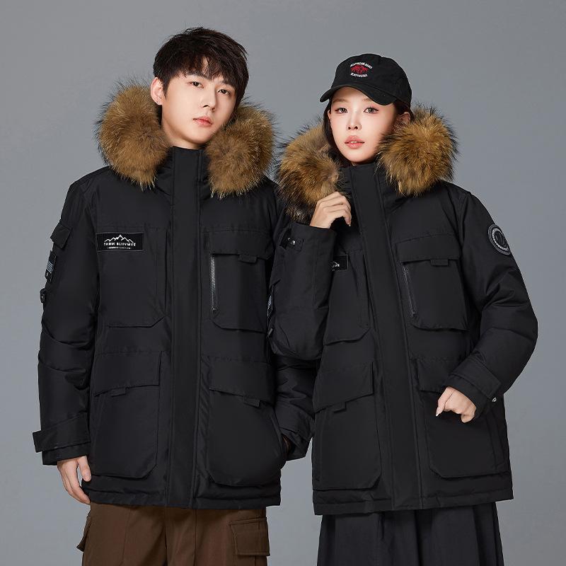 Thickened Couple Workwear, Down Jacket, Winter Jacket, Men's and Women's Medium To Long Style with Fur Collar, Outdoor Warm Down Jacket