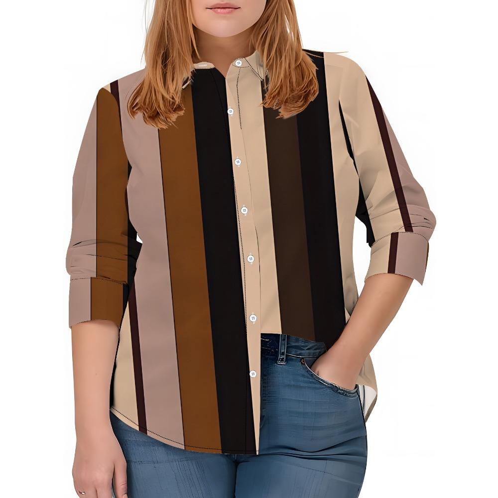 Women's Long Sleeve Shirt, Striped Loose Print Shirt, Multi-Colored Striped Element Medium Long Sleeve Collar Shirt