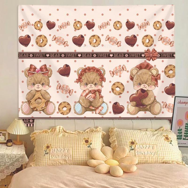 Girl Cartoon Illustration Tapestry Wall Hanging Home Decor for Bedroom Living Room Dorm Lolita Sweet Pink Linen