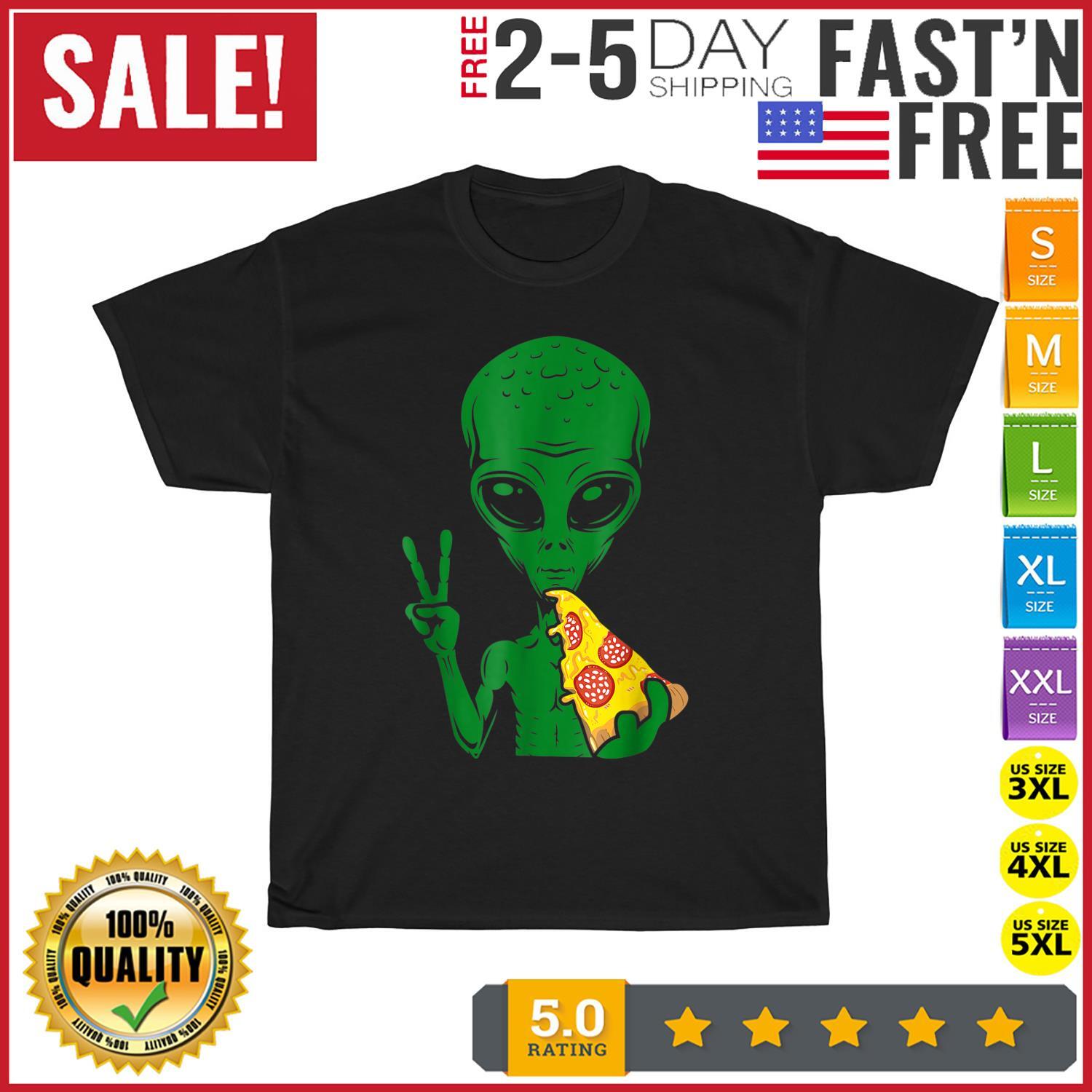 Funny Alien Head Eating Pizza UFO Extraterrestrial Vintage T Shirt Mens Womens Tees Top Men Women NEW M