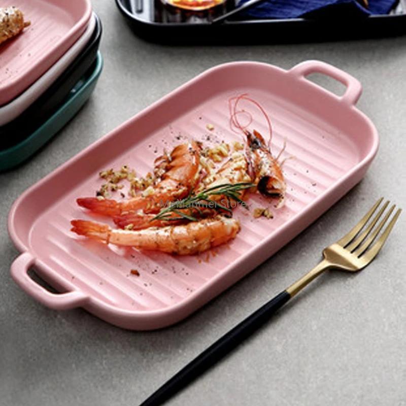 Rectangular Double Ear Oven Grill Plate Large Ceramic Household Fish Plate Grill Plates Household Vegetable Ceramic Plates