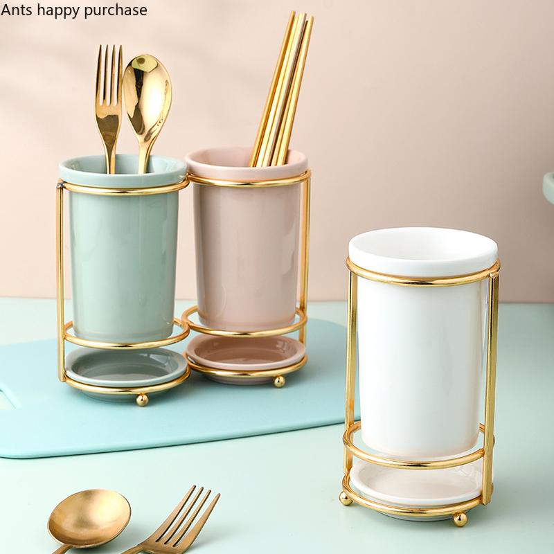 Essstäbchenhalter aus Keramik, Essstäbchenständer, Abtropfgestell, Geschirr-Aufbewahrungsbehälter, Essstäbchenkäfig, Gabel, Löffel, Besteck-Organizer