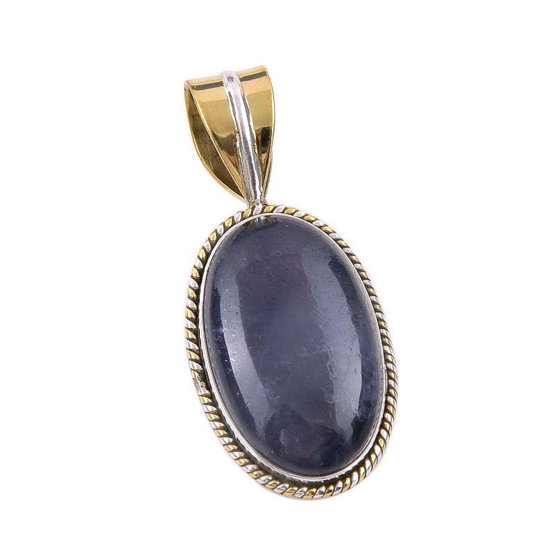 Natural Iolite Gemstone 925 Solid Sterling Silver Two Tone Pendant 1.50" L1H27