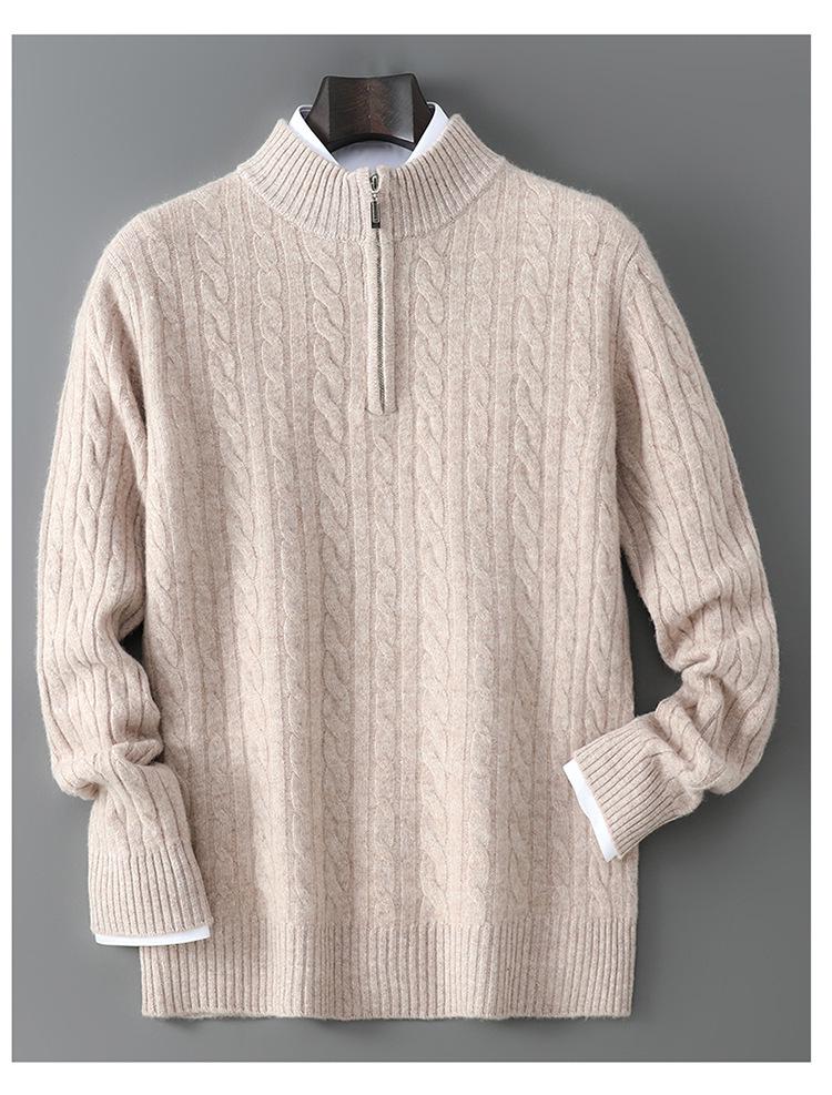 Men's Pure Wool Half-High Collar Cable Knit Zipper Sweater - Thick & Loose for Autumn/Winter