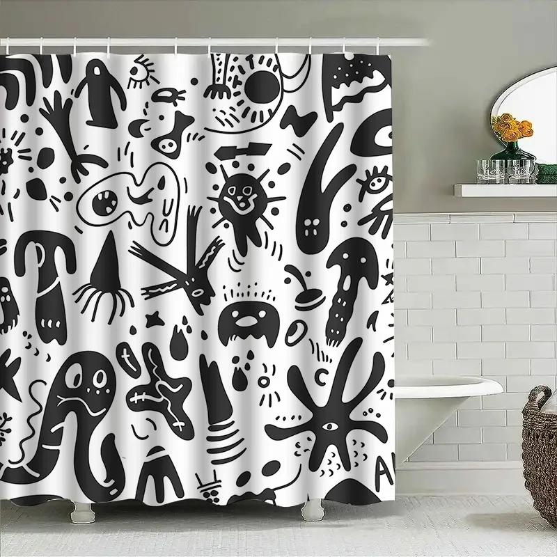

Black White Monster Print Shower Curtain Creative Bathroom Decor For Kids Bathrooms, This Product Fits Well With Keywords Like W60H190(CM)-1 Pcs