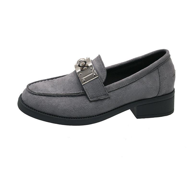 2025 British style one-pedal lightweight round head lock high heels small leather shoes large size loafers women's suede