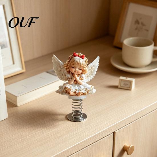 Angel Elf Car Ornaments Girl Spring Ornament, 2D Double Sided Acrylic Dashboard Bouncing Praying Decor with Adhesive Base, Cute Figurine for