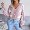 Damen V-Ausschnitt Langarm Bedruckter Strick-Cardigan Einreihiger Pullover Herbst Winter
