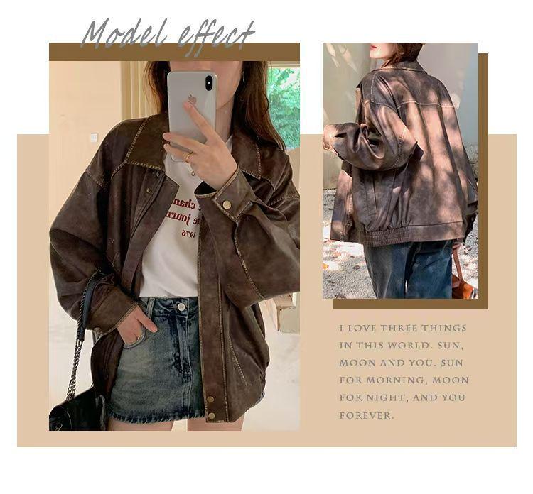 Damen Kleine Braune Lederjacke - 2025 Amerikanischer Retro-Stil mit Gewischtem Farbdesign, Baumwollgefüttert.