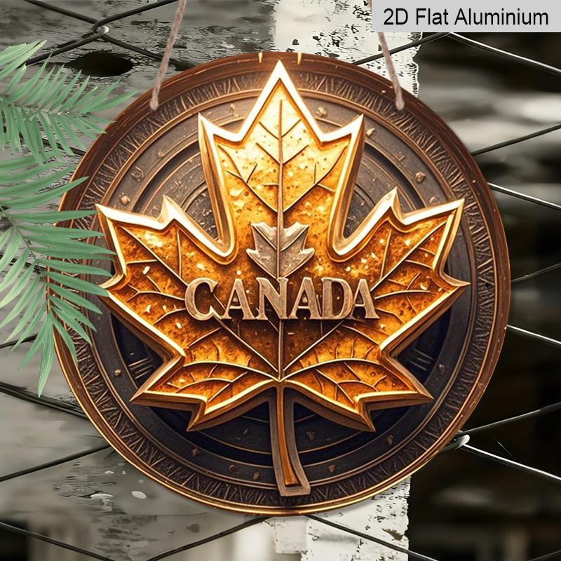 2D Flat Printing, 1pc Round Aluminum Canada Maple Leaf Metal Sign, Vintage Gold Embossed-Style Patriotic Wall Plaque, Durable Weatherproof Wall